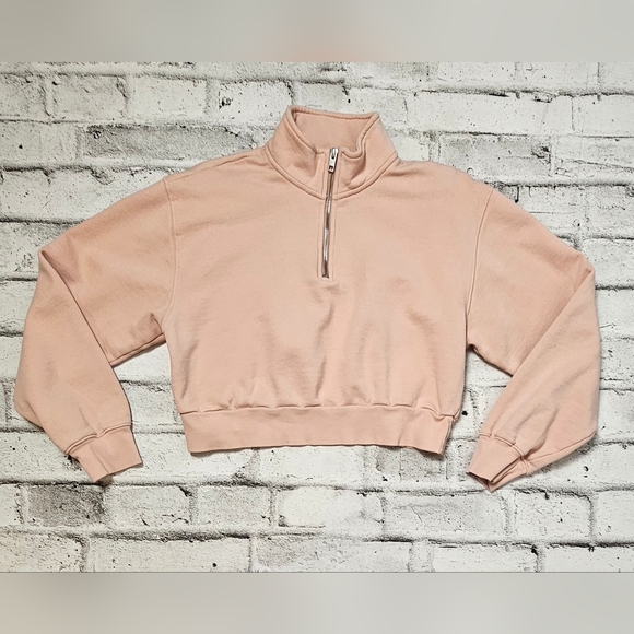 TNA Cozy AF Fleece Cropped Pink Sweater with ¾ Zipper in Front - Picture 4 of 8